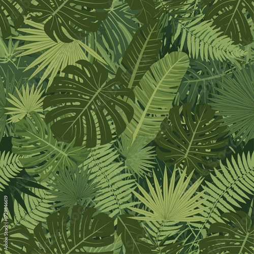 A lush dense jungle full of exotic tropical leaves in various shades of green.