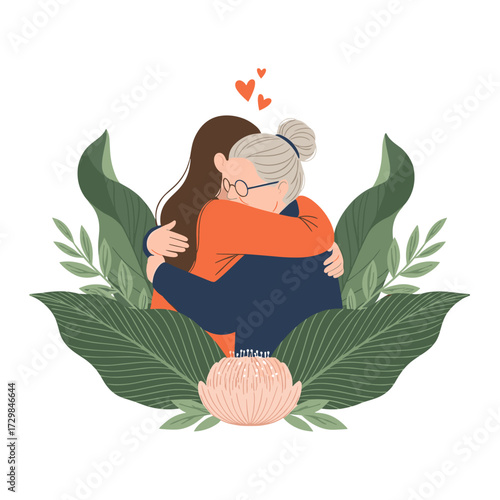 A heartwarming embrace between a young woman and her grandmother surrounded by lush greenery and delicate flowers signifying love and family bonds.