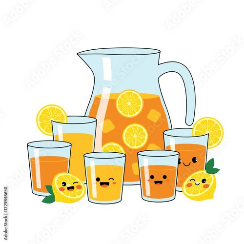 A pitcher full of refreshing citrus lemonade served with adorable fruity companions.