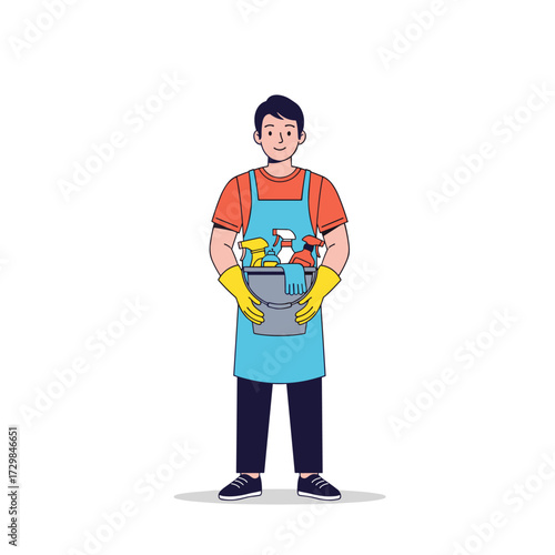 A smiling man wearing an apron and yellow gloves stands ready to clean.