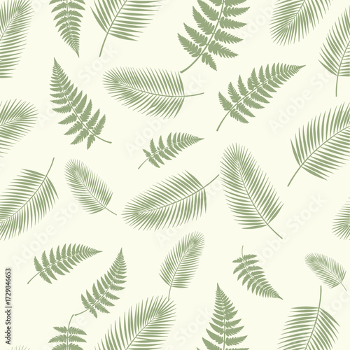 A repeating pattern of delicate green fern fronds on a pale background.