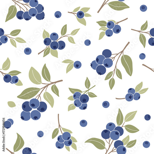 A delightful pattern of fresh blue berries on a clean white background with green leaves.