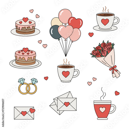 A collection of cute romantic icons for valentines day celebration.