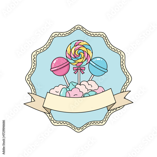 A sweet assortment of colorful lollipops and fluffy cotton candy in a decorative frame.