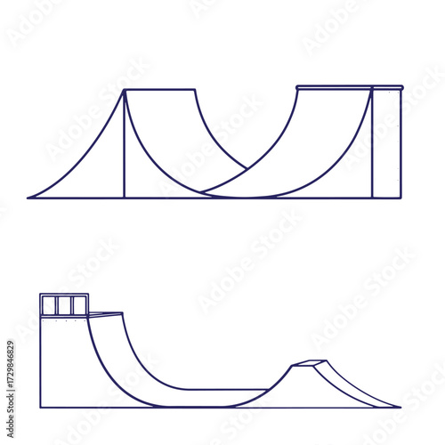 Outline illustrations of two different freestyle skateboarding ramps for design and illustration purposes