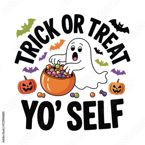 Festive Halloween Ghost with Candy and Pumpkins Trick or Treat Yo Self Design for Holiday Fun