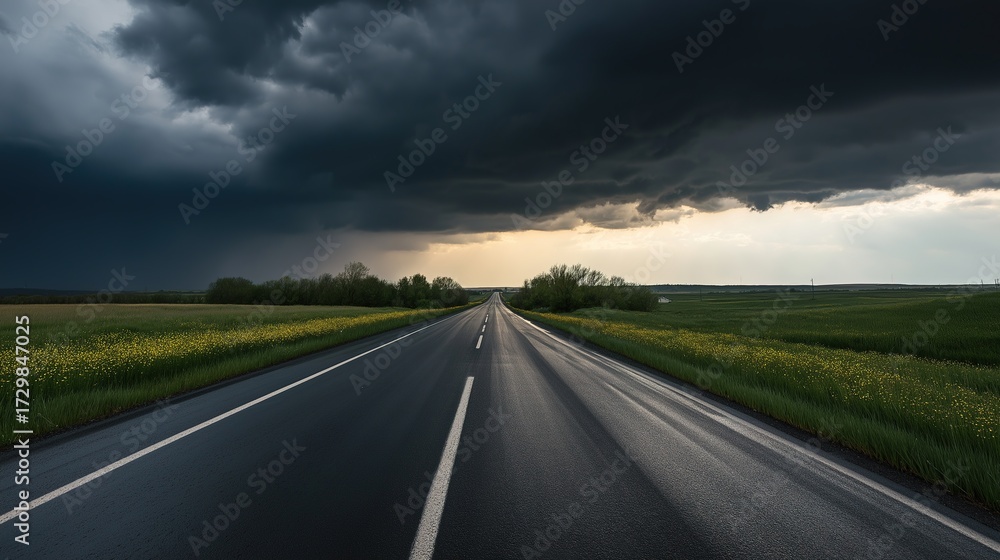 Fototapeta premium asphalt. Panoramic view of an empty road under cloudy skies, capturing a serene and open landscape. travel magazines, destination branding, designed for outdoor magazines and nature guides.