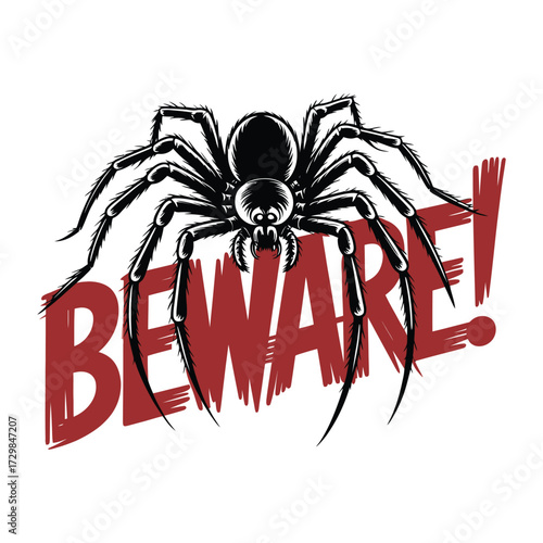 Creepy Crawly Beware Illustration of a Giant Spider with Red Warning Text for Halloween Themed Decorations