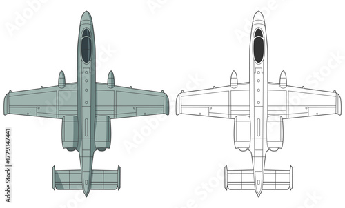 Set a-10 thunderbolt military aircraft design in line art and colored style from top view. Vector illustrations united states colorful fighter jet. Outline drawing modern united states combat aircraft