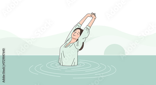 Serene woman stretching in calm water, embodying relaxation and mindful wellness amid nature