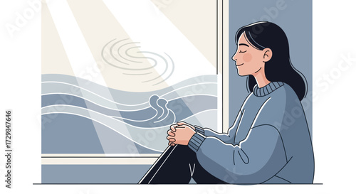 Serene woman meditating by the window with calming sea view illustration conveying peacefulness