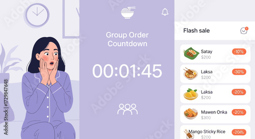 Shocked woman sees countdown for group food order ending on flash sale promotion