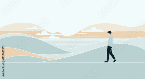 Stylized illustration of a man walking near the ocean shore in a serene landscape