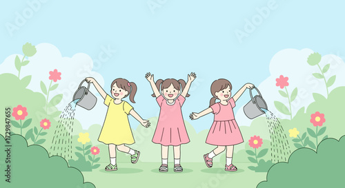Three happy little girls watering flowers in a garden with a bright and colorful background