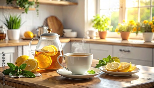 Wallpaper Mural Inviting Kitchen Scene with Lemon Tea and Sunlight Streaming Through the Window Creating a Warm Cozy Atmosphere with Wooden Countertops and White Cabinets Torontodigital.ca