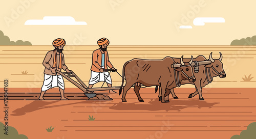 Traditional farming with oxen and farmers in an agricultural landscape scene showing rural lifestyle