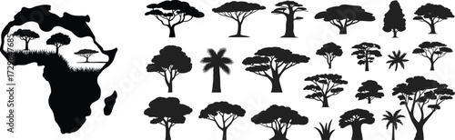 African continent and tree silhouette set featuring acacia, palm, and savanna vegetation for nature, culture, and landscape vector design