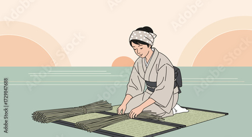 Traditional japanese craftswoman weaving tatami mats with serene coastal backdrop at sunrise