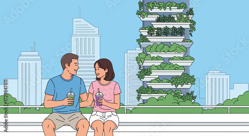 Young couple enjoying drinks with vertical garden building backdrop in the city