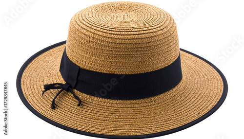 Elegant women's straw sun hat featuring a classic boater design with a wide brim and a sophisticated black ribbon, isolated on a white background