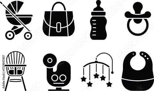 Baby care icon set featuring stroller, bottle, pacifier, bib, diaper bag, monitor, and parenting essentials in vector silhouette design