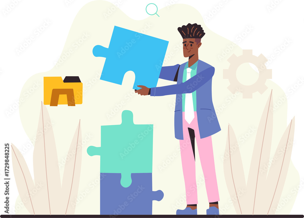 Fototapeta premium Man Placing Puzzle Piece in Illustration With Transparent Background