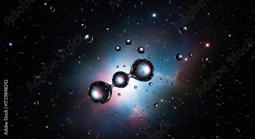 Abstract water droplets cluster against a nebula cosmos backdrop