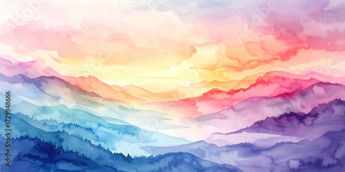 Vibrant watercolor landscape painting capturing rolling hills and sky in soft pastel hues