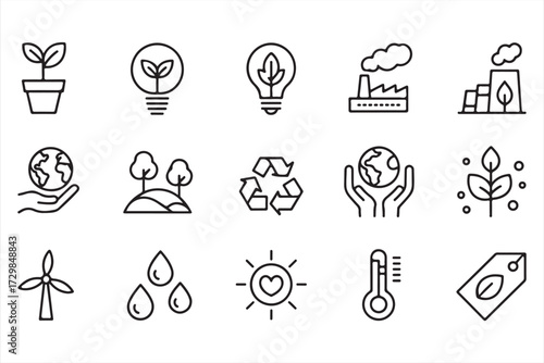 Vector collection of eco-friendly icons including wind turbine, water drops, and conservation designs
