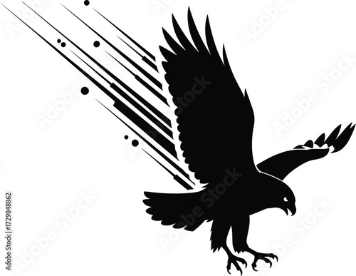 Majestic eagle soars with wings spread, captured in a striking black silhouette against an, conveying freedom and power