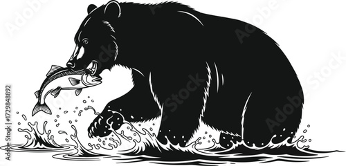 Grizzly bear catches salmon in river, depicted in black and silhouette against an, showcasing raw power and beauty of nature