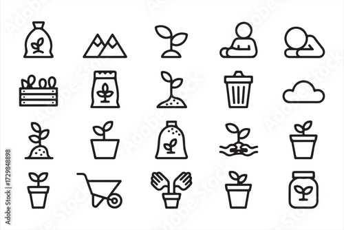 Eco agriculture symbol set featuring seedling growth, nurturing, and organic gardening elements