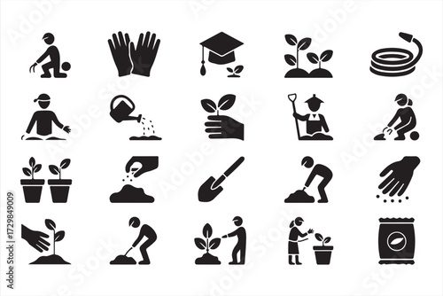 Gardening tool icons pack featuring shovel, rake, watering can, and soil cultivation symbols