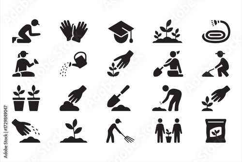 Vector collection of gardening symbols including wheelbarrow, tractor, and eco-friendly plant icons
