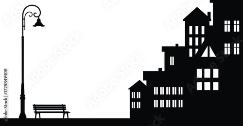 Silhouette of a charming townscape with a vintage lamppost and a bench, , creating a serene and timeless urban scene with architectural details