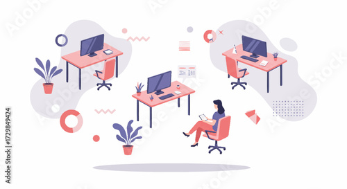 Modern office spaces with desks, computers, and plants, featuring a person working on a tablet.