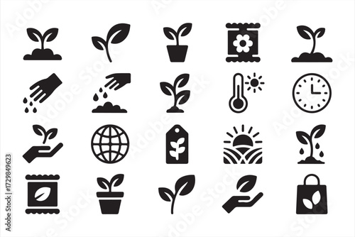 Plant growth and gardening icons set with seedlings, soil, hand planting, and eco agriculture symbols