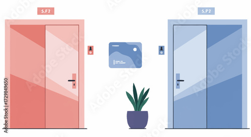 Two elevator doors, one red and one blue, flank a potted plant and a card reader on a white wall.