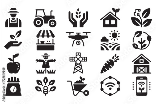 Smart farming icon set with technology, tractor, drone, crops, and eco agriculture silhouettes