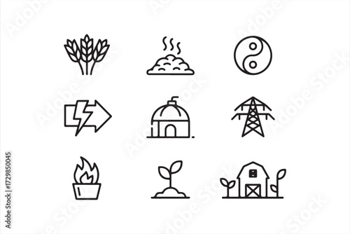 Eco farming and energy vector pack featuring agriculture, soil, harmony, and environment icons