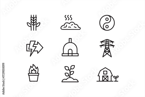 Renewable energy and farming outline icon collection with barn, crops, and rural sustainability