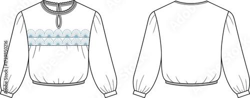 Fashion technical flat sketch blouse with embroidery detail, long puff sleeves, round neck tie design, front and back view vector illustration