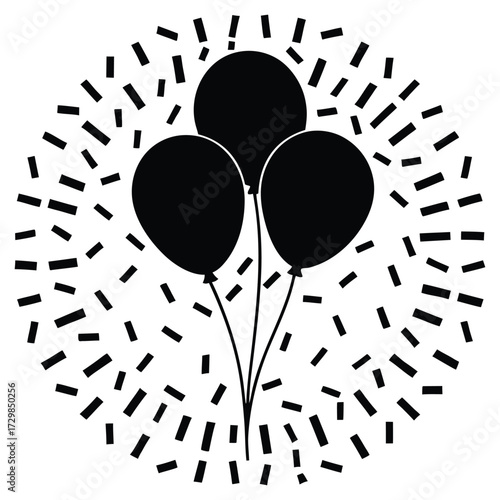 A black silhouette of confetti and balloons