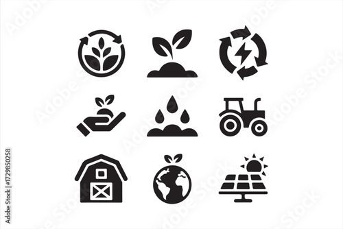 Agriculture and sustainability icons showing plant growth, renewable energy, and eco barn design