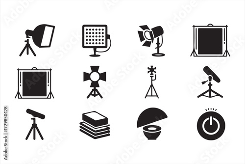 Photography studio icon set with lighting equipment, backdrop, tripod, and softbox silhouette symbols