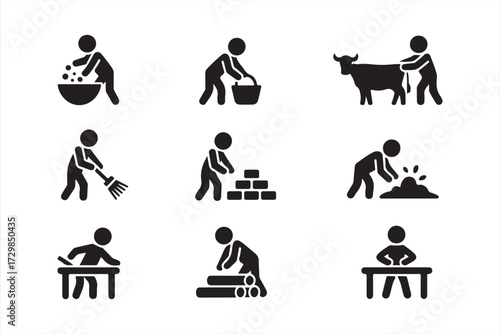 Farming labor icon set including worker silhouettes with animals, buckets, and field tasks