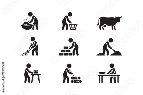 Agriculture worker icons featuring rural tasks like planting, feeding, and wood cutting designs