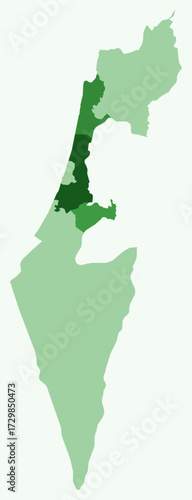 Map of Israel with regions. Just a simple country border map with region division. Green color palette. Flat State of Israel shape with administrative division. Vector illustration.