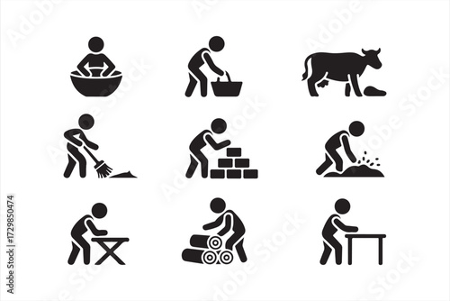 Vector silhouettes of farming and construction workers with tools, animals, and manual labor icons