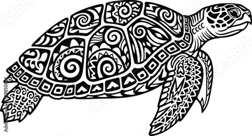 Intricate black and drawing of a sea turtle turtles shell is decorated with swirls and geometric patterns, creating a unique and eyecatching design